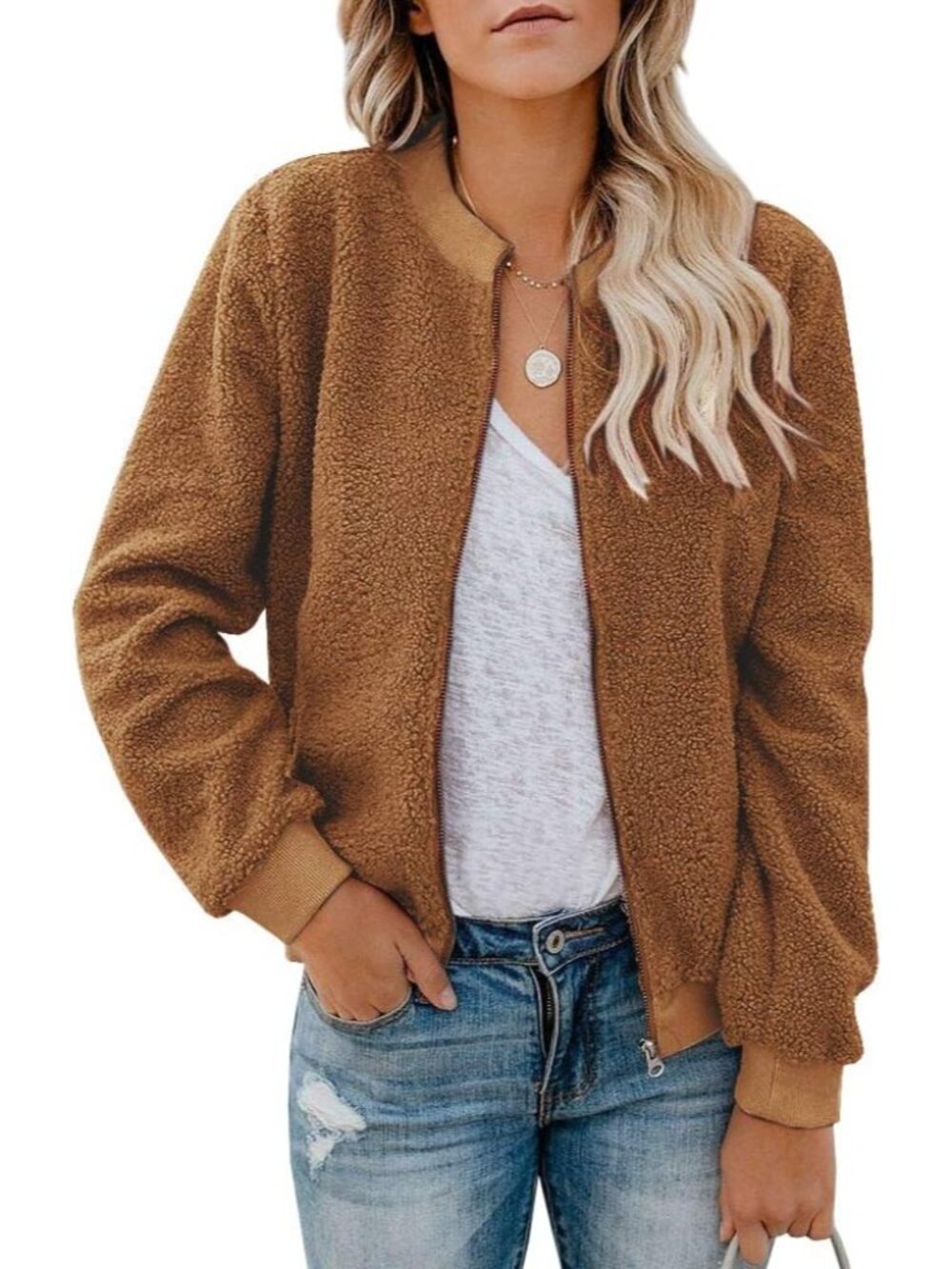 〽️Women's Brown Winter Bomber Long Sleeve Faux Sherpa Fuzzy Casual Zip Coat